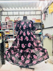 Black Georgette Maxi Dress with a Pink Floral Print