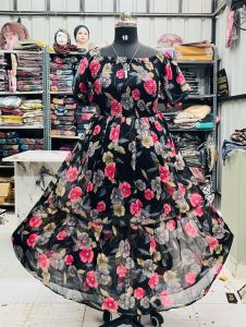 Black Pink Floral Print Georgette Maxi Dress