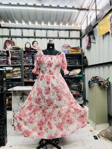 Floral Printed Georgette Flare Maxi Dress with Half Sleeves