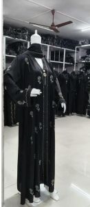 Black Floral Stone Embroidery Abaya Burkha