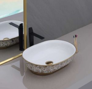 Floral Golden Pattern Ceramic Table Top Wash Basin