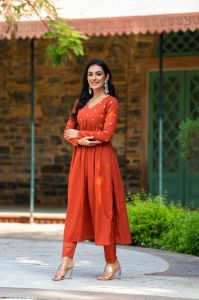 Ladies Orange Kurti Pant Set