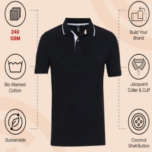 Mens Black with White Tip Cotton Jacquard Polo T-Shirt