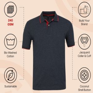 Mens Charcoal With Red Cotton Jacquard Polo T-Shirt