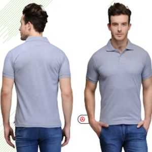 Mens Grey Cotton Regular Fit Polo T-Shirt
