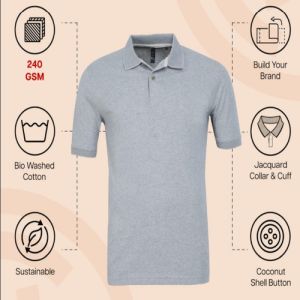 Mens Grey Melange Cotton Jacquard Polo T-Shirt