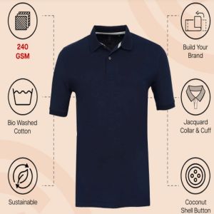 Mens Navy Blue Cotton Jacquard Polo T-Shirt