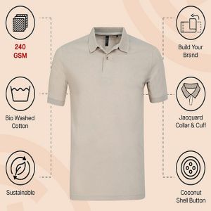 Mens Sand Beige Cotton Jacquard Polo T-Shirt
