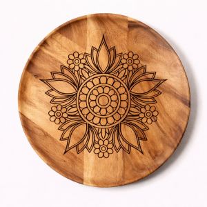 Handcrafted Wooden Mandala Tray - Elegant Round Serving Plate with Intricate Carved Design for Home