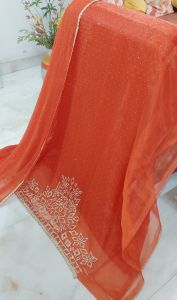 Rust Orange Pure Fendi Silk Zircon Work Unstitched Suit