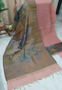 Soft Peach Chanderi Zari Handwoven Unstitched Suit with Cotton Silk Bottom