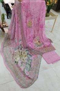 Lilac Digital Printed Crepe Unstitched Suit with Silk Bottom