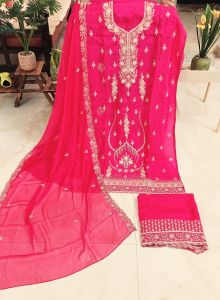 Fuchsia Pink Fully Embroidered Muslin Silk Unstitched Suit