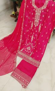 Fuchsia Pink Fully Embroidered Muslin Silk Unstitched Suit