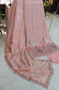 Peach Shimmer Silk Floral Embroidered Unstitched Suit with Shantoon Bottom
