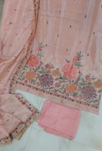 Peach Shimmer Silk Floral Embroidered Unstitched Suit with Shantoon Bottom