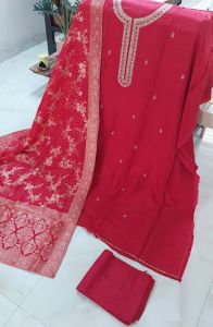 Maroonish Red Silk Zari Embroidered Unstitched Suit with Shantoon Bottom