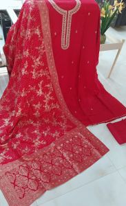 Maroonish Red Silk Zari Embroidered Unstitched Suit with Shantoon Bottom