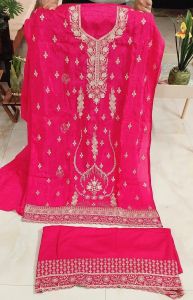 Fuchsia Pink Fully Embroidered Muslin Silk Unstitched Suit