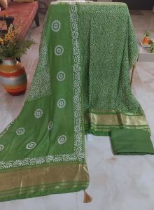 Parrot Green Pure Gajji Silk Unstitched Suits with Ajrakh Print Bottom Dupatta