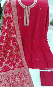 Maroonish Red Silk Zari Embroidered Unstitched Suit with Shantoon Bottom