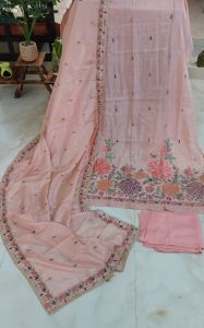 Peach Shimmer Silk Floral Embroidered Unstitched Suit with Shantoon Bottom