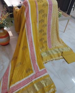 Pure Gajji Silk Unstitched Suits with Ajrakh Print Bottom Dupatta