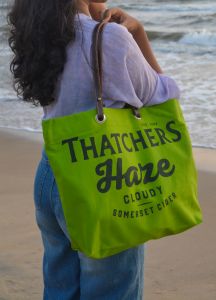 100% Cotton Woven Carry Bag With Leather Handle