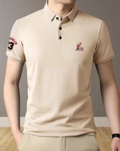 Beige Short Sleeve Polo Neck Printed Regular Fit T-Shirt