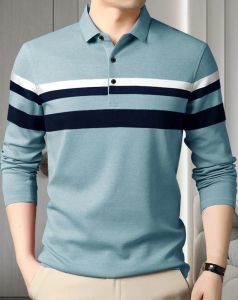 Blue Full Sleeves Striped Regular Fit Polo T-Shirt