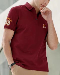 Maroon Short Sleeve Polo Neck Printed Regular Fit T-Shirt