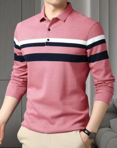 Pink Full Sleeves Striped Regular Fit Polo T-Shirt