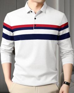 White Full Sleeves Striped Regular Fit Polo T-Shirt