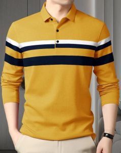 Yellow Full Sleeves Striped Regular Fit Polo T-Shirt