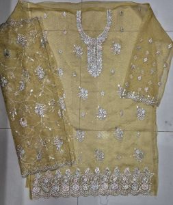 Yellowish Green Embroidered Unstitched Salwar Suit Set