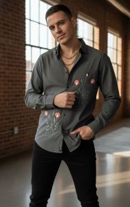 Floral Artistry Black Cotton Shirt for Men