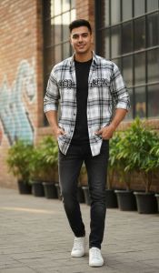 Men Black and White Checkered Shirt