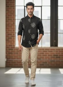 Men Embroidered Regular Fit Black Shirt