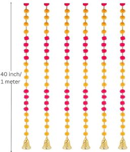 Anu Handicrafts Yellow Red Handmade Walldoor Hanging Pompom Toransgarland Withbells 4 Ft10 Toran