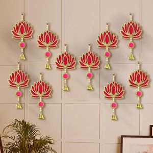 Anu Handicrafts Pack of 10 Wall Door Hanging Lotus Latkan Toran with Bells (22.8 Cm X 9.6 Cm) - Main Door Entrance Pooja Room Temple Wedding Fest