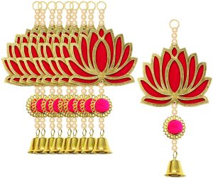 Anu Handicrafts Pack of 10 Wall Door Hanging Lotus Latkan Toran with Bells (22.8 Cm X 9.6 Cm) - Main Door Entrance Pooja Room Temple Wedding Fest