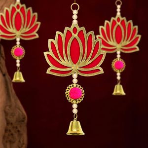 Anu Handicrafts Pack of 10 Wall Door Hanging Lotus Latkan Toran with Bells (22.8 Cm X 9.6 Cm) - Main Door Entrance Pooja Room Temple Wedding Fest