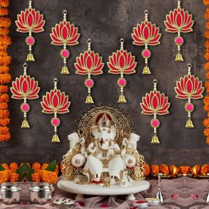 Anu Handicrafts Pack of 10 Wall Door Hanging Lotus Latkan Toran with Bells (22.8 Cm X 9.6 Cm) - Main Door Entrance Pooja Room Temple Wedding Fest