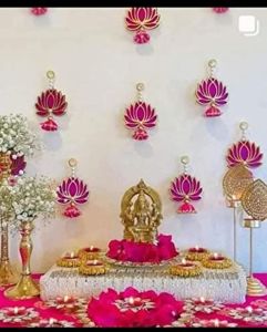 Lotus Hanging for Decoration | Handmade Wall Decor with Jhumki Style | Set of 6 Pink/rani | Export Quality Lotus for Home, Temple &AMP; Pooja Room De