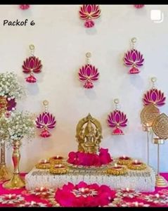 Lotus Hanging for Decoration | Handmade Wall Decor with Jhumki Style | Set of 6 Pink/rani | Export Quality Lotus for Home, Temple &AMP; Pooja Room De