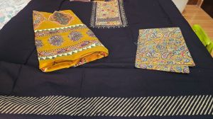 Black and Yellow Cotton Hand Block Print Embroidered Suit Material