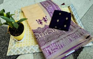 Purple and Cream Soft Khadi Silk Printed Suit Material