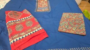 Red and Blue Hand Block Print Cotton Embroidered Suit Material