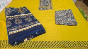 Yellow and Blue Cotton Hand Block Print Embroidered Suit Material