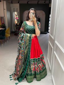 Ladies Cotton Green Red Tribal Lehenga Choli Set